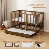 JOYMOR 8-in-1 Convertible Crib with Drawer, Include 2" Mattress, Convert from Mini Crib, Mid Crib to Full Crib, 8 Height Adjustable, Undercrib Storage Drawers (Honey Wood) JOYMOR