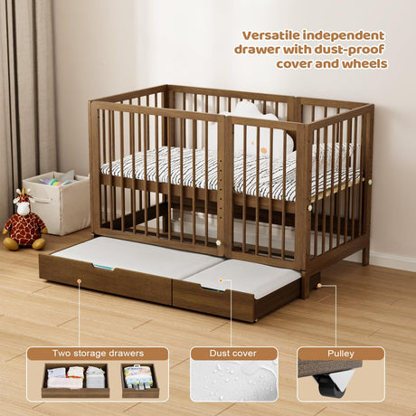 JOYMOR 8-in-1 Convertible Crib with Drawer, Include 2" Mattress, Convert from Mini Crib, Mid Crib to Full Crib, 8 Height Adjustable, Undercrib Storage Drawers (Honey Wood) JOYMOR