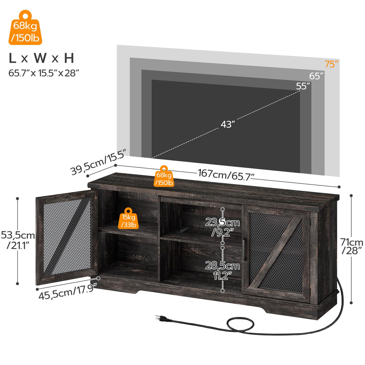 HOOBRO Farmhouse TV Stand, TV Stand for 75 Inch TV, Media Entertainment Center with LED Lights and Power Outlets, TV Console Table for Living Room, TV Stand with Storage, Dark Rustic Oak FP71UDDS01 HOOBRO