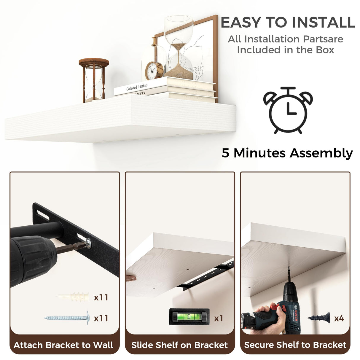 Venusmiles Floating Shelves for Wall, Large Wall Mounted Shelves with Invisible Brackets, Long Wood Floating Wall Shelf Shelves for Living Room, Bedroom, Kitchen, (White, 55" W x 12" D x 2" H) Venusmiles