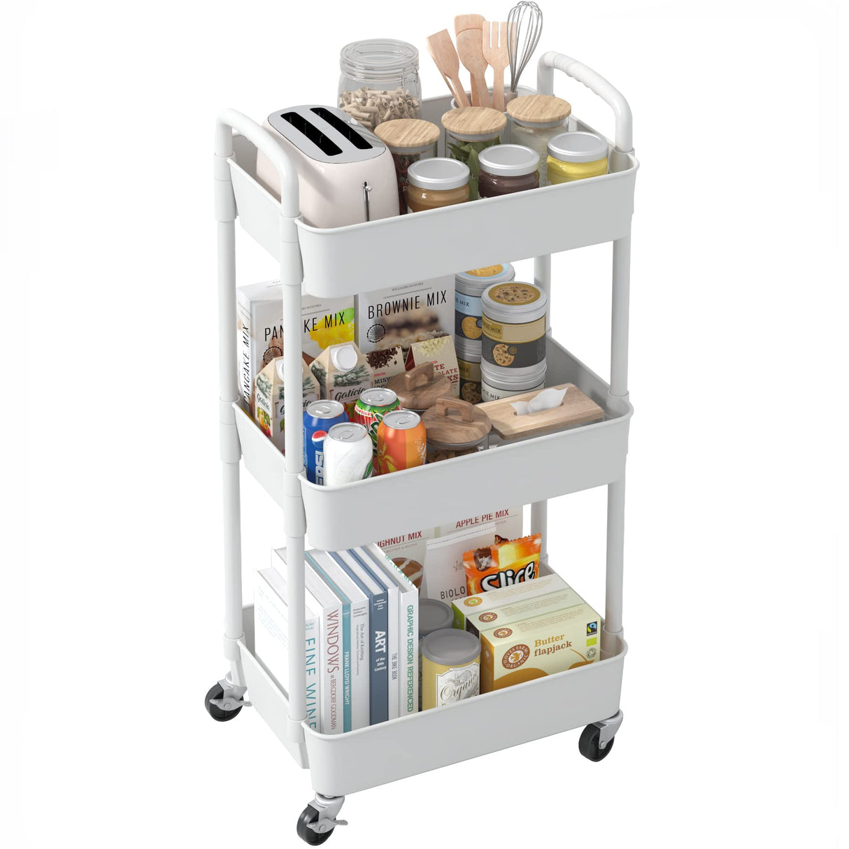 Sywhitta 3-Tier Plastic Rolling Utility Cart with Handle, Multi-Functional Storage Trolley for Office, Living Room, Kitchen, Movable Storage Organizer with Wheels, White Sywhitta