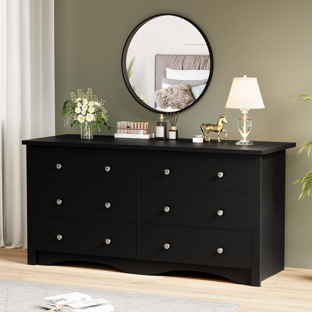 YESHOMY Dresser for Bedroom, 6 Drawer Dressers, Wide Storage Organizer Chest and TV Stand for Bedroom, Living Room, Hallway, Dormitory, Dark Black YESHOMY