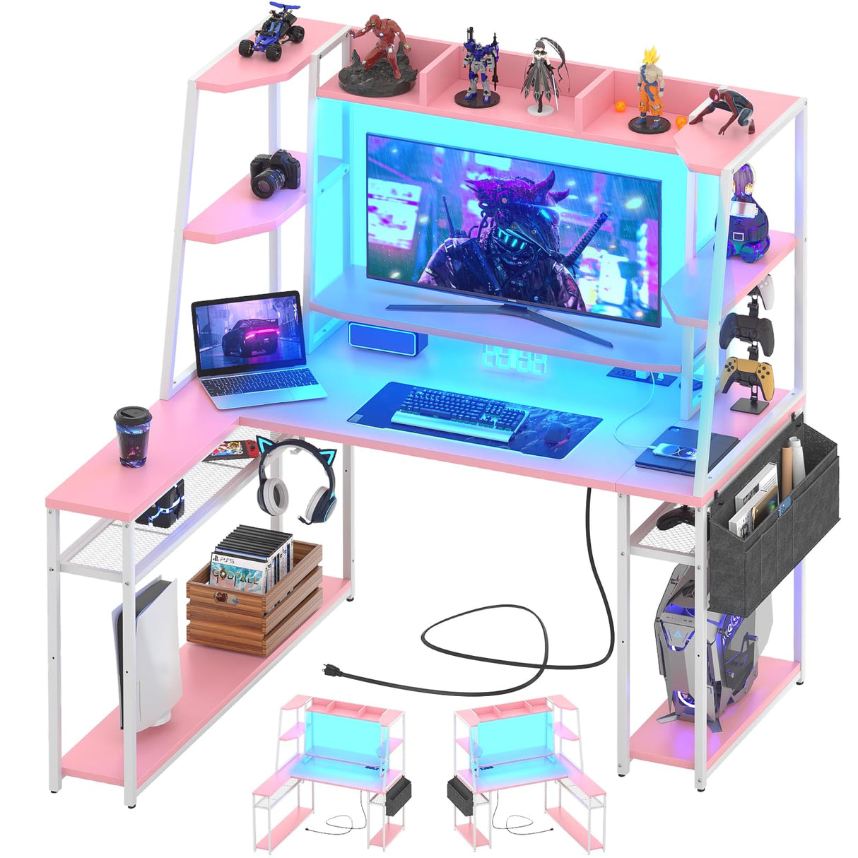L Shaped Gaming Desk - Pink Gaming Desk with Hutch & Shelves, 47'' Gaming Computer Desk with LED Lights & Charging, Reversible PC Gaming Desk L Shape with Storage, L Desk for Gaming with Monitor Stand armocity
