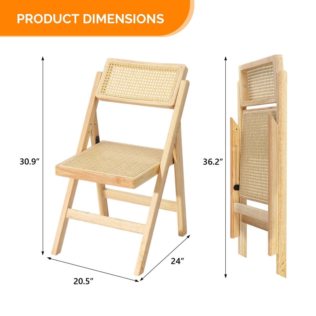 VINGLI Rattan Dining Chair, Wood Folding Chair with 360° Swivel Backrest, Rubberwood Frame and Rattan Woven Seat and Back, Natural Color, Set of 2 VINGLI