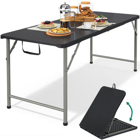YITAHOME 6FT Folding Table, Outdoor Folding Table w/Heavy Duty HDPE Tabletop, Rectangle Folding Table w/Portable Carrying Handle for Picnic, Parties, Camping & Indoor Activities, Black YITAHOME