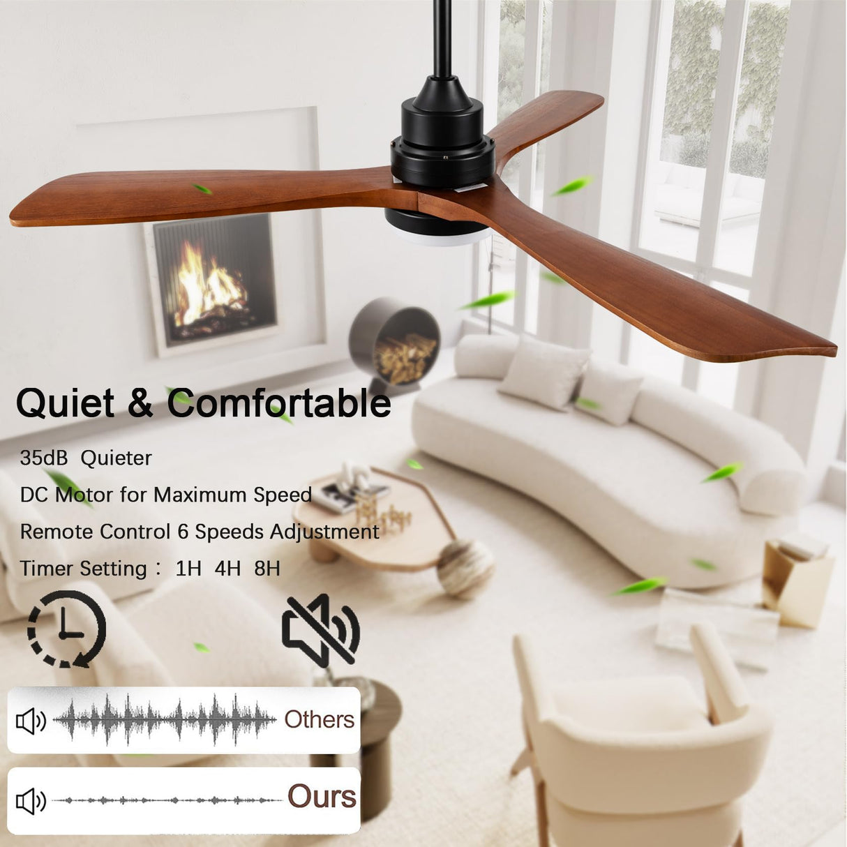 dearnow 48" Wooden Ceiling Fan with Lighted Remote Control, Indoor Outdoor Wooden Ceiling Fan, Outdoor Modern Ceiling Fan with 3 Fan Blades for Patio, Living Room, Farmhouse, etc (Black + Walnut) dearnow