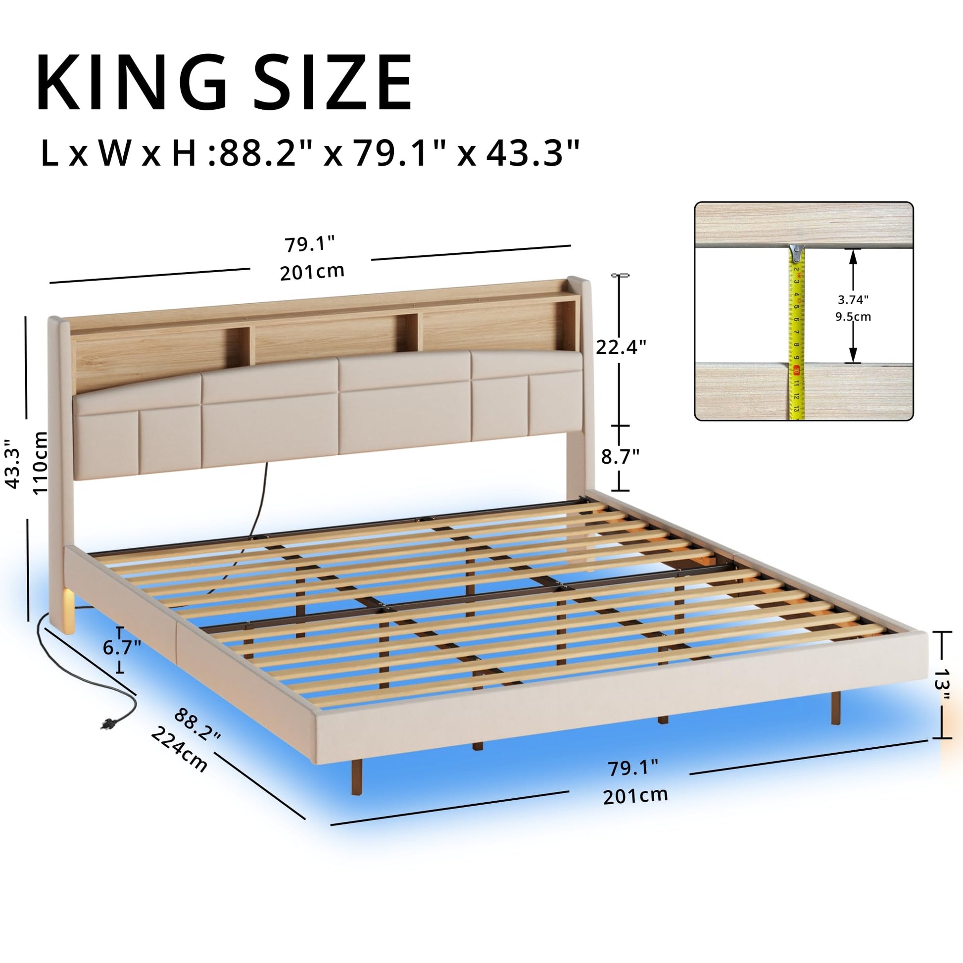 ANTCOR Floating King Bed Frame with Bookcase Headboard and Charging Station - WoodArtSupply