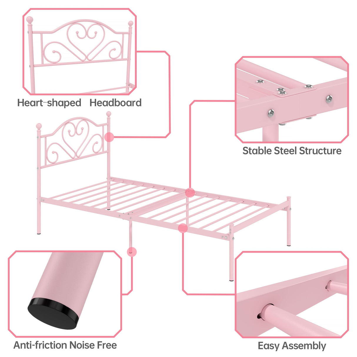 Weehom Twin Bed Frames with Headboard, Heavy Duty Metal Platform Bed Under Bed Storage Space Easy Assembly for Kids Girls Adults, Pink Weehom