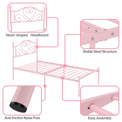 Weehom Twin Bed Frames with Headboard, Heavy Duty Metal Platform Bed Under Bed Storage Space Easy Assembly for Kids Girls Adults, Pink