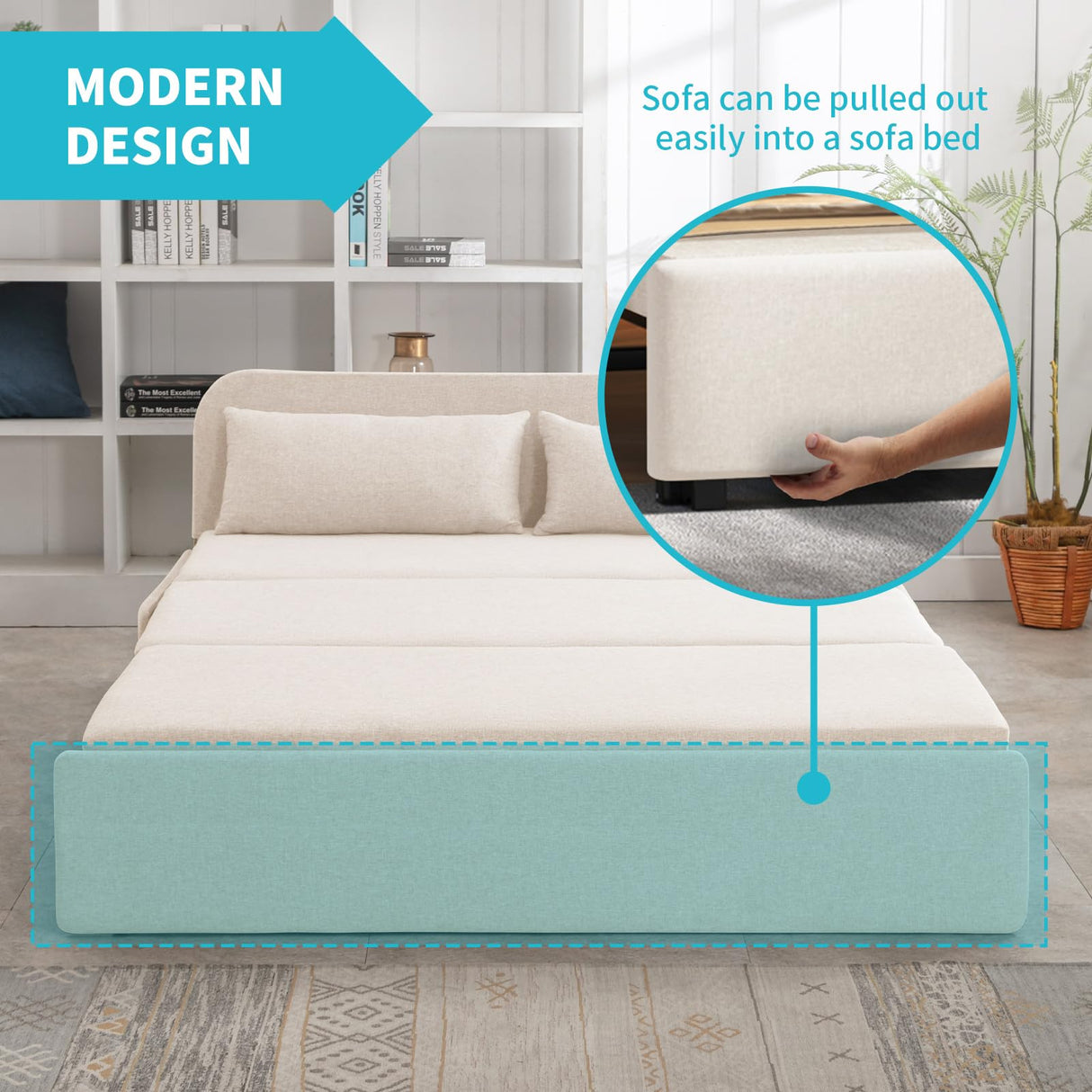 CECER Queen Size Pull Out Sofa Bed With 2 Pillows, Linen Convertible Sleeper With Comfy Mattress, 2 in 1 Armless Loveseat for Small Space-Beige CECER