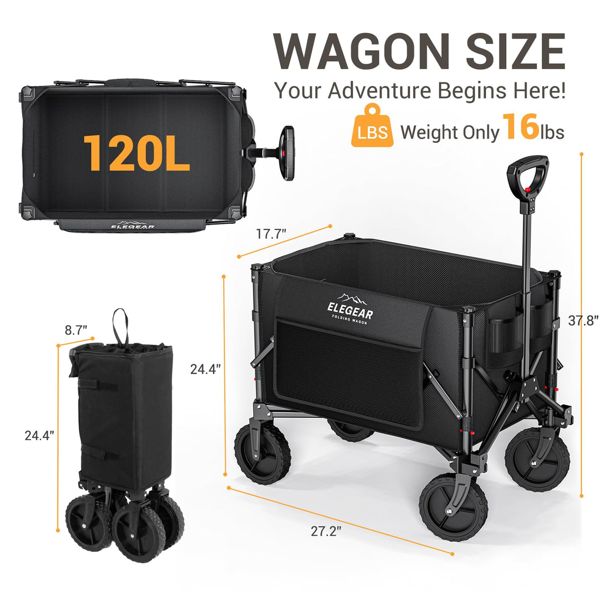 Elegear Wagon Cart Foldable Collapsible Heavy Duty, Folding Wagon with 360° All-Terrain Wheels&Smallest Folding Design, 220LBS Large Capacity Portable Utility Grocery Wagon for Sports Camping Shopping Elegear