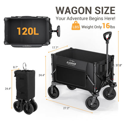 Elegear Wagon Cart Foldable Collapsible Heavy Duty, Folding Wagon with 360° All-Terrain Wheels&Smallest Folding Design, 220LBS Large Capacity Portable Utility Grocery Wagon for Sports Camping Shopping