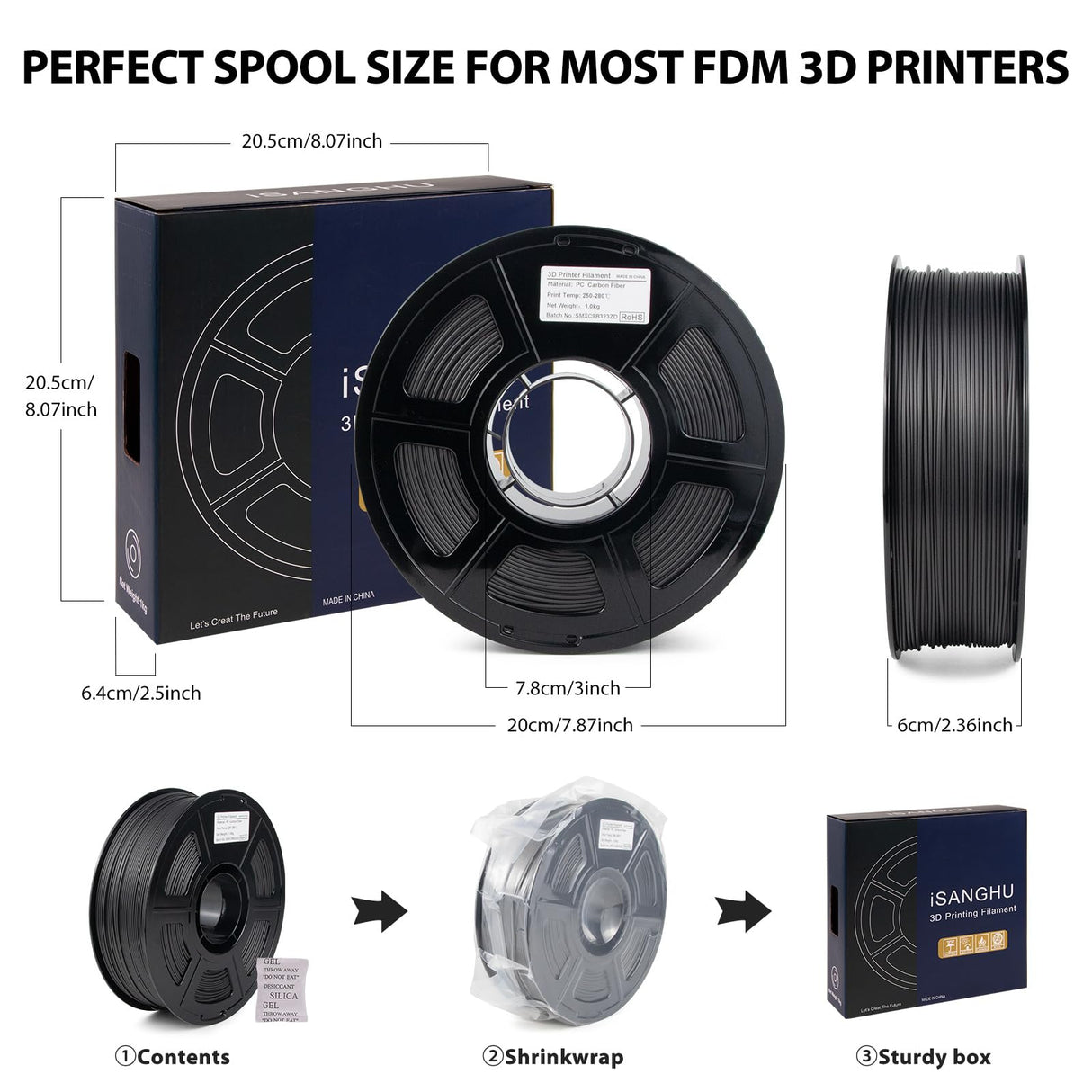 iSANGHU Carbon Fiber Polycarbonate Filament 1.75mm, UV/Heat Resistance PC-CF 3D Printer Filament, Carbon Fiber PC Filament for High-Temperature Technical Parts, 1kg(2.2lbs) Spool iSANGHU