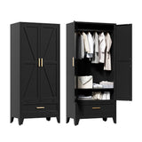 Washsemba 71'' Black Farmhouse Metal Wardrobe Cabinet with Hanging Rod, 2 Barn Door Wardrobe Closet with Adjustable Shelves,Drawer,for Dining Room,Bedroom,Living Room, Cloak Room,Office Washsemba