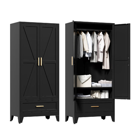 Washsemba 71'' Black Farmhouse Metal Wardrobe Cabinet with Hanging Rod, 2 Barn Door Wardrobe Closet with Adjustable Shelves,Drawer,for Dining Room,Bedroom,Living Room, Cloak Room,Office Washsemba