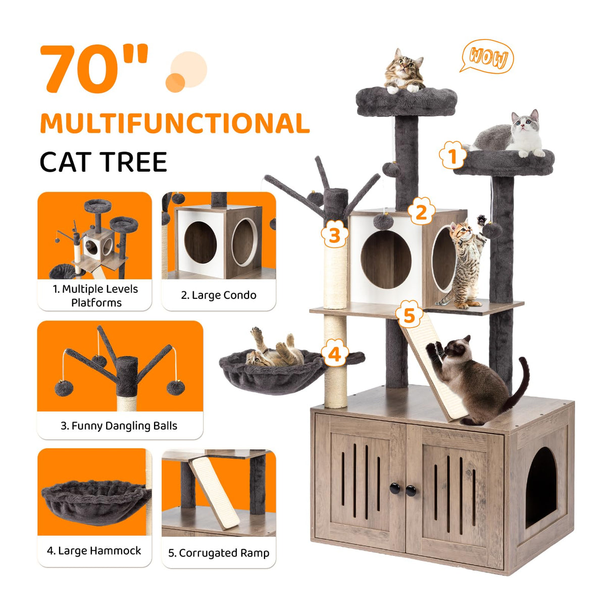 Bonnlo Large Cat Tree with Litter Box, All-in-1 Wooden Cat Tower, 53“ Height Houses for Indoor Cats, Kittens Condo wih Scratching Posts, Hidden Cat Washroom Furniture Bonnlo