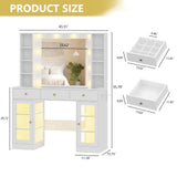 Makeup Vanity Desk with Mirror and Lights, Glass Top Vanity Table Set with Drawers & Power Outlet, Large Dressing Table with 3 Color Lighting Modes & RGB Cabinets for Women Girls Kids Bedroom, White Xixini