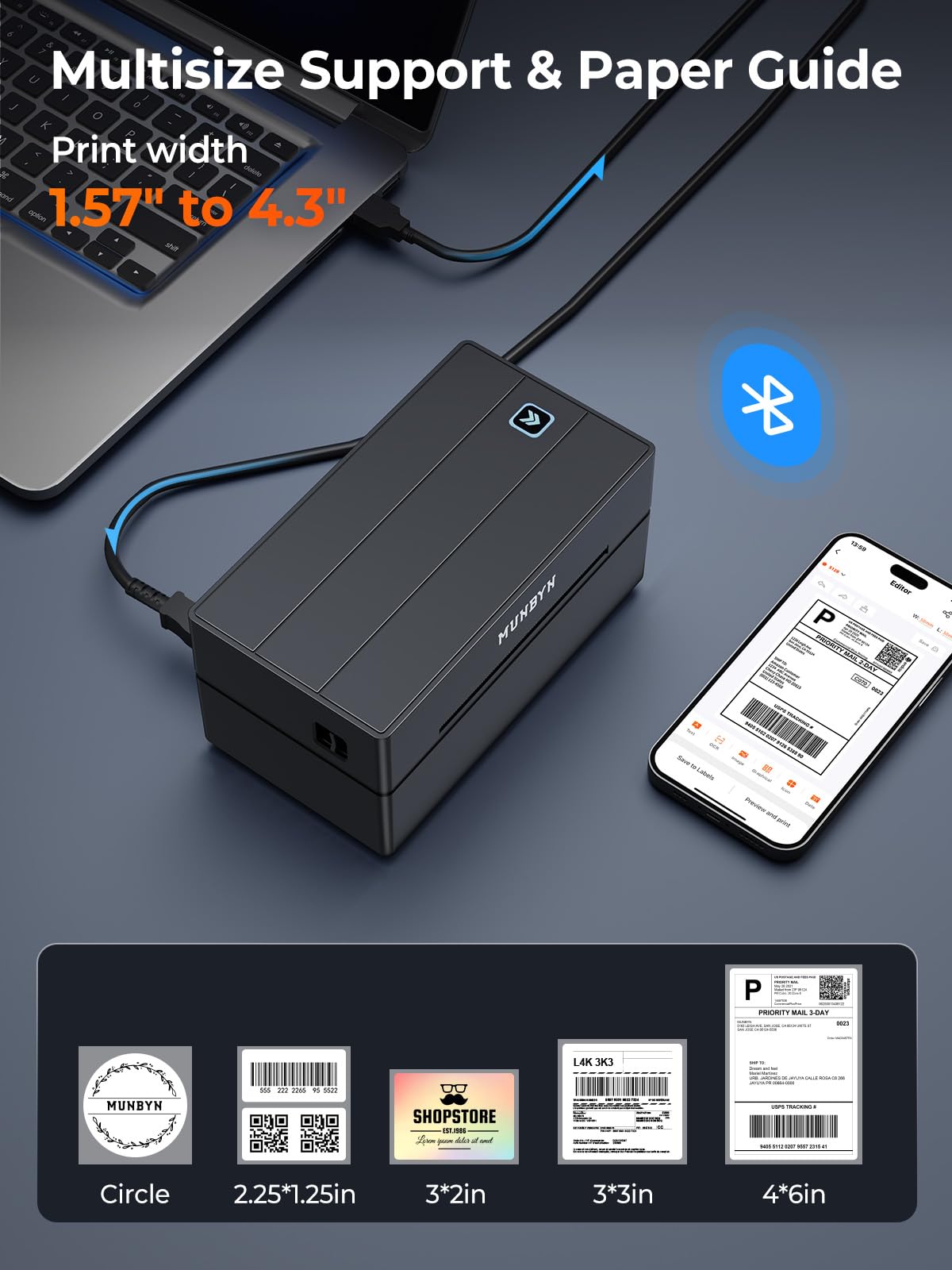 MUNBYN Bluetooth Thermal Label Printer, 130B Wireless 4x6 Shipping Label Printer for Shipping Packages Small Business Office or Home, Compatible with iPhone Android iPad Windows macOS Chrome Etsy eBay MUNBYN