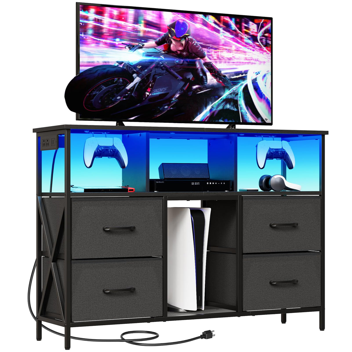 MAHANCRIS Dresser TV Stand, Entertainment Center with Power Outlets and LED Light, Media Console Table with Drawers and Open Shelves, Chest of Drawers for 50'' TV, for Living Room, Black TVHB110E01 MAHANCRIS