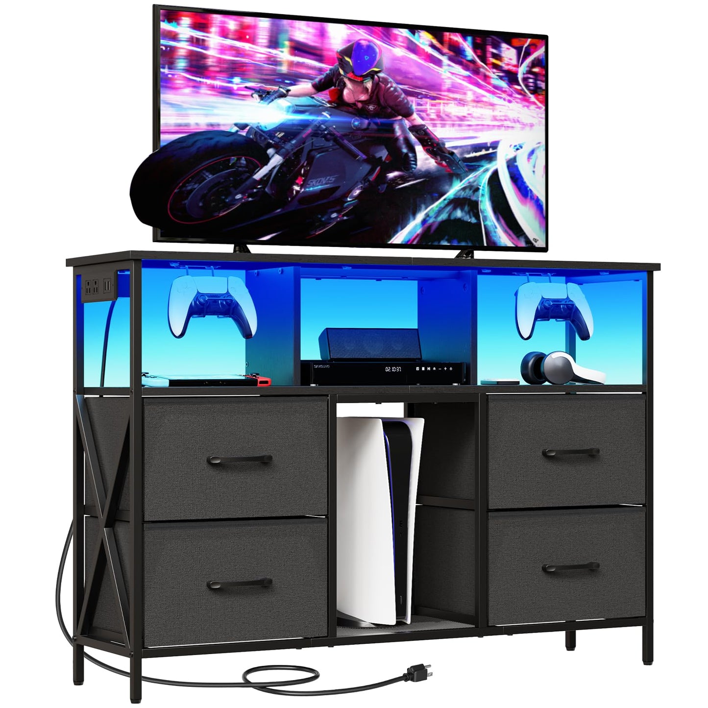 MAHANCRIS Dresser TV Stand, Entertainment Center with Power Outlets and LED Light, Media Console Table with Drawers and Open Shelves, Chest of Drawers for 50'' TV, for Living Room, Black TVHB110E01