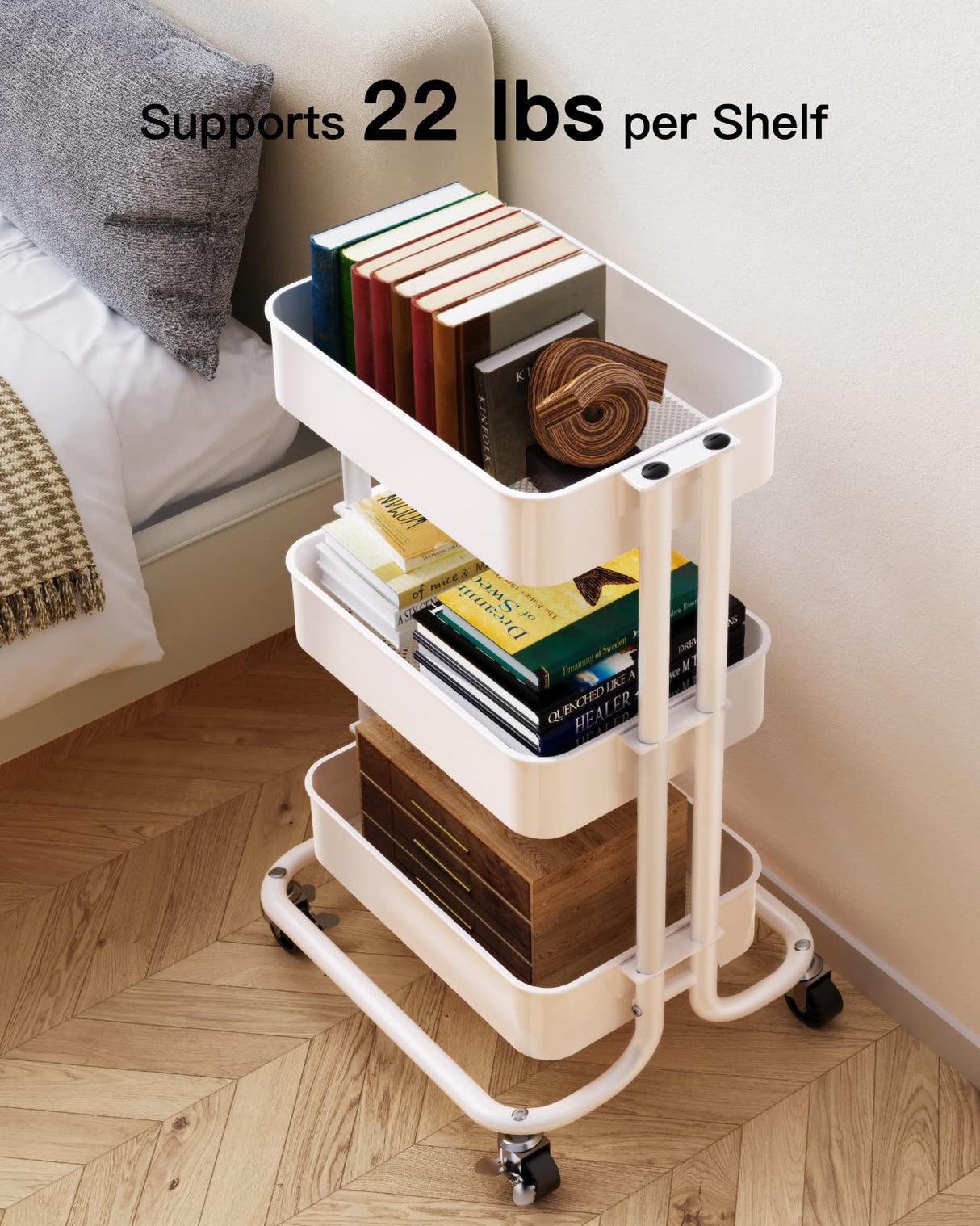 Pipishell 3 Tier Metal Rolling Utility Cart, Heavy-Duty Storage Rolling Cart with 2 Lockable Wheels, Multifunctional Mesh Organization Utility Cart for Kitchen Dining Room Living Room (White) Pipishell