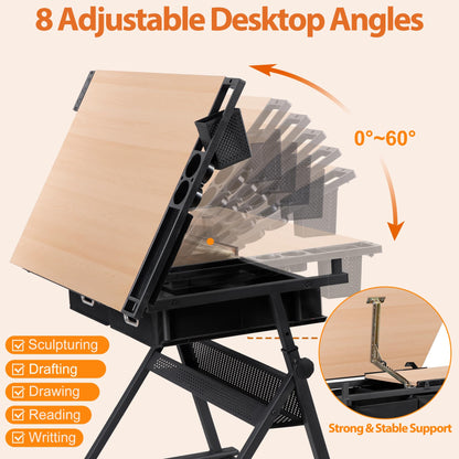 SUPER DEAL Adjustable Drafting Table Set with Charging Station, Tilting Drawing Desk Artist Desk with Stool Multifunctional Art Craft Workstation with 2 Storage Drawers for Home Office School