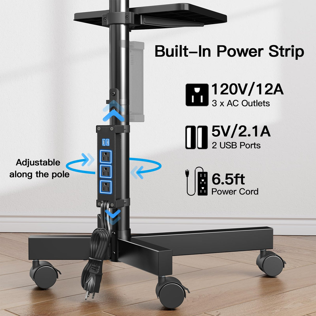 HUANUO Rolling TV Stand with Power Outlet, Mobile TV Cart for 23-60 Inch Flat/Curved LED/LCD/OLED TVs up to 88 lbs, TV Cart Height Adjustable Portable TV Stand on Wheels Max VESA 400x400mm HNTVMC02 HUANUO