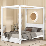 TMEOSK Modern White Full Size Wooden Canopy Bed Frame with Headboard and Sturdy Slat Support TMEOSK