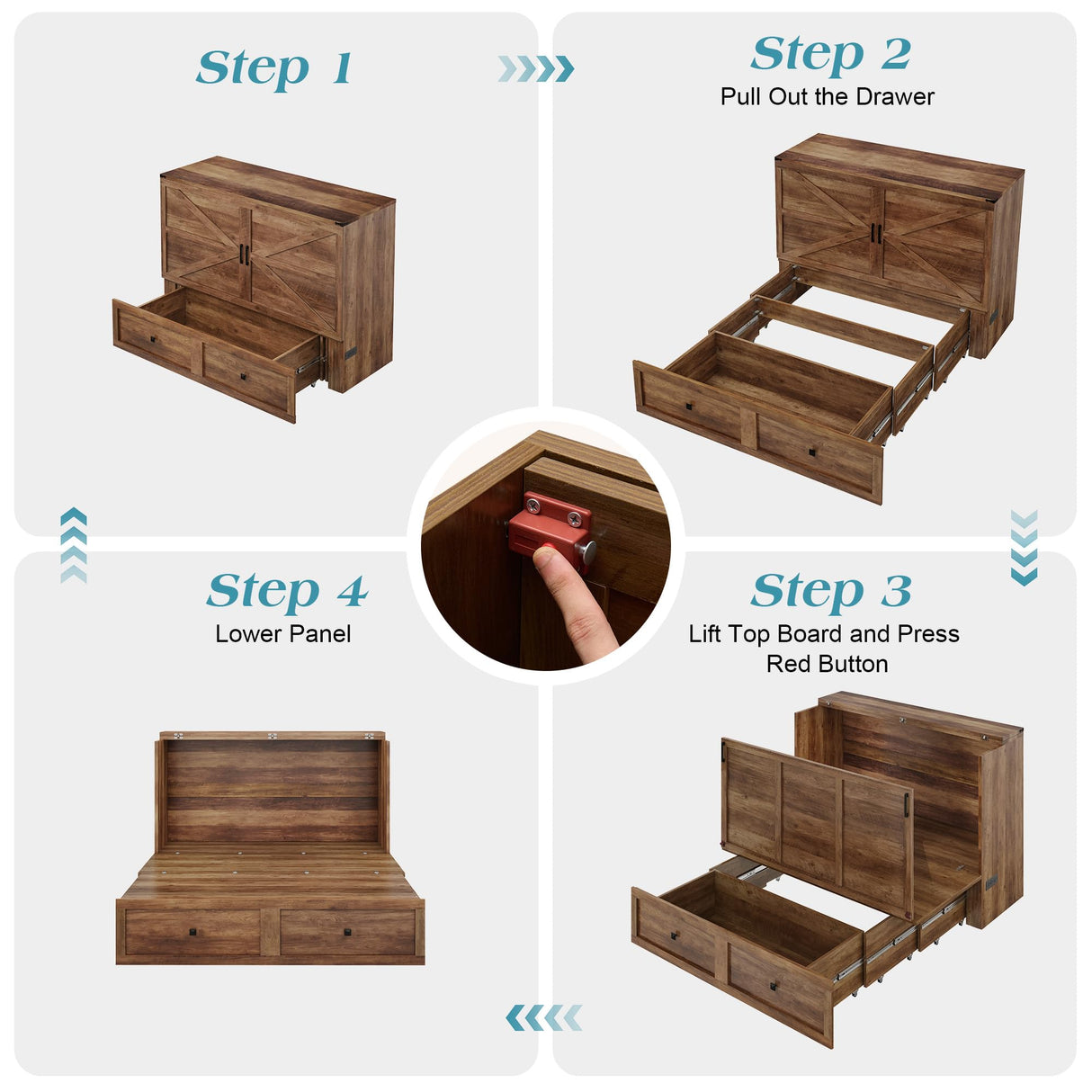 LUXOAK Queen Murphy Bed with Storage and Charging Station, Farmhouse Cabinet Bed, Noise-Free, for Guest Room, Apartment, or Office, Barnwood LUXOAK