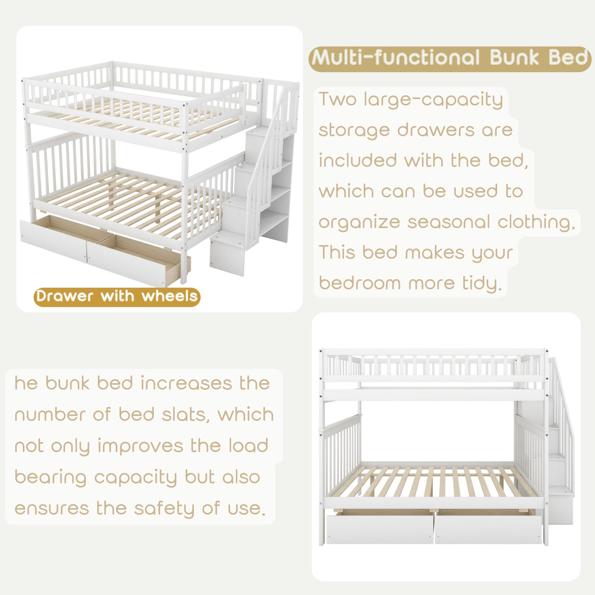 Full Over Full Bunk Beds with Drawers and Stairs Stairway Bunk Bed Frame with Storage Shelves for Kids Teens Adult, Wood Full Bunk Bed for Boys Girls Adults, White Bellemave