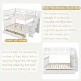 Full Over Full Bunk Beds with Drawers and Stairs Stairway Bunk Bed Frame with Storage Shelves for Kids Teens Adult, Wood Full Bunk Bed for Boys Girls Adults, White Bellemave