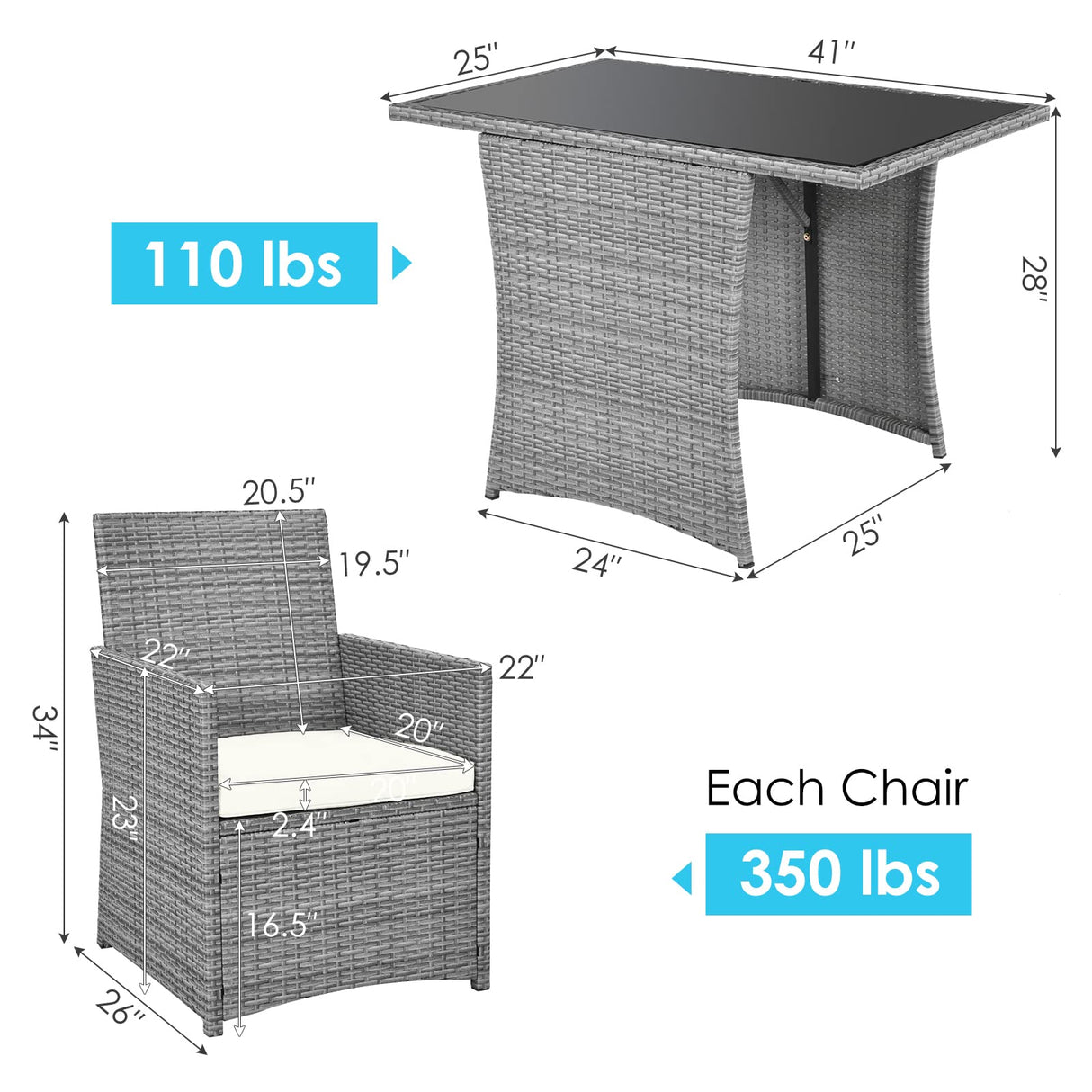 Tangkula 3 Pieces Patio Dining Set, Patiojoy Space-Saving PE Rattan Bistro Set with Tempered Glass Top Table and Cushioned Chairs, Outdoor Conversation Set for Garden, Backyard, Poolside, Porch Tangkula