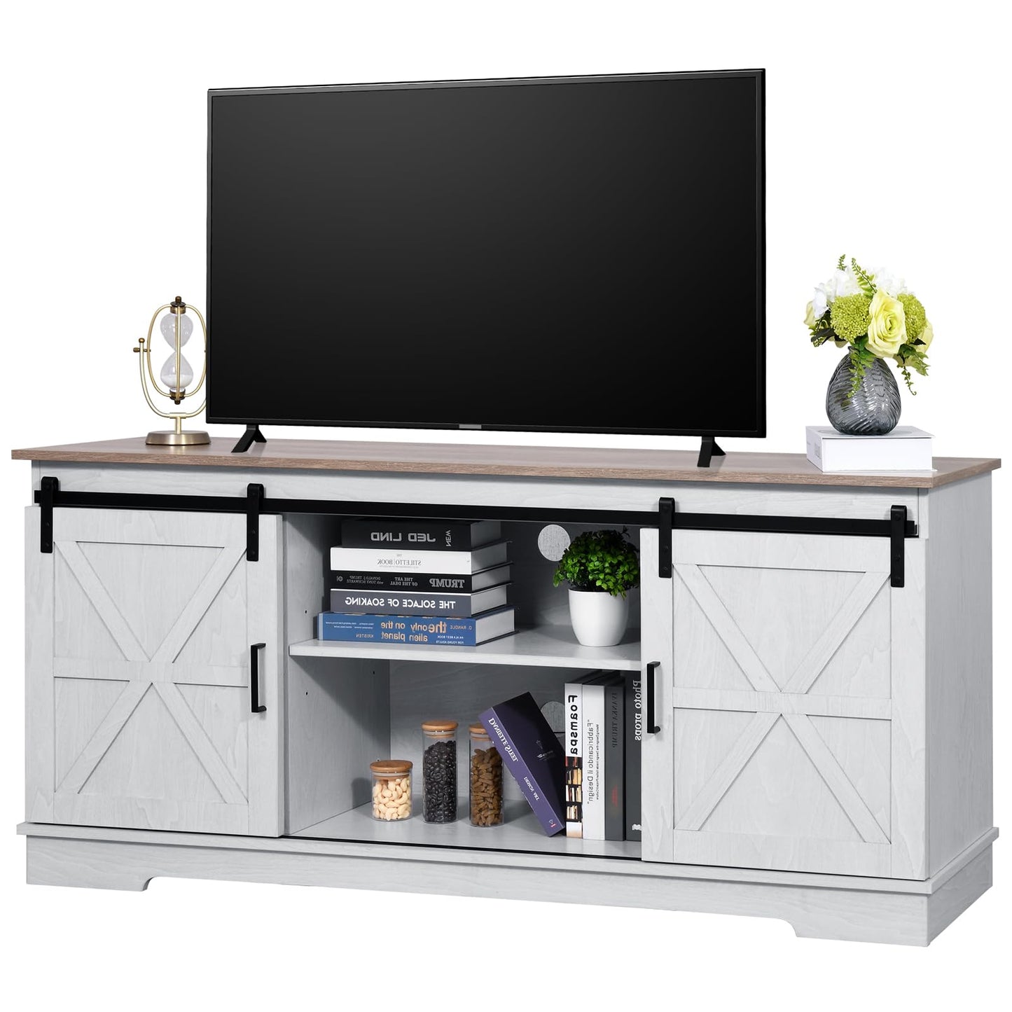 YITAHOME Farmhouse TV Stand for TVs up to 65 Inch, Entertainment Center with Sliding Barn Doors and Storage Cabinet, Rustic TV Media Console for Living Room, Grey White & Grey Wash