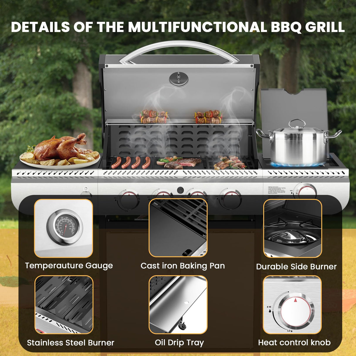 4-Burner Gas BBQ Grill with Side Burner, Porcelain-Enameled Cast Iron Grates, Baking Pan, 42,000 BTU Stainless Steel Propane Grill for Outdoor Cooking and Patio Barbecues Electactic