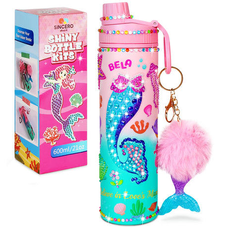 sinceroduct Decorate Your Own Water Bottle Kits for Girls, (Stainless Steel) Mermaid Diamond Art Kid Crafts for 5 6 7 8 9 10 Year Old Toddlers, Fun DIY Crafts Gifts Toys for Kids Birthday Christmas sinceroduct