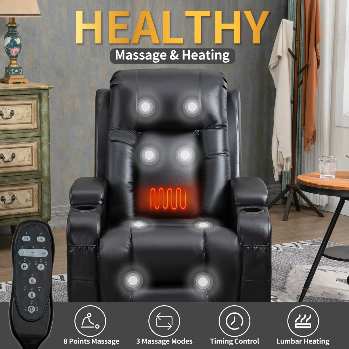 Trustyue Power Lift Recliner Chair with Heat and Massage, Lift Chairs for Standing Assistance, 2 Cup Holders, 4 Pockets, USB Charge Port, Breathable Leather Black Trustyue