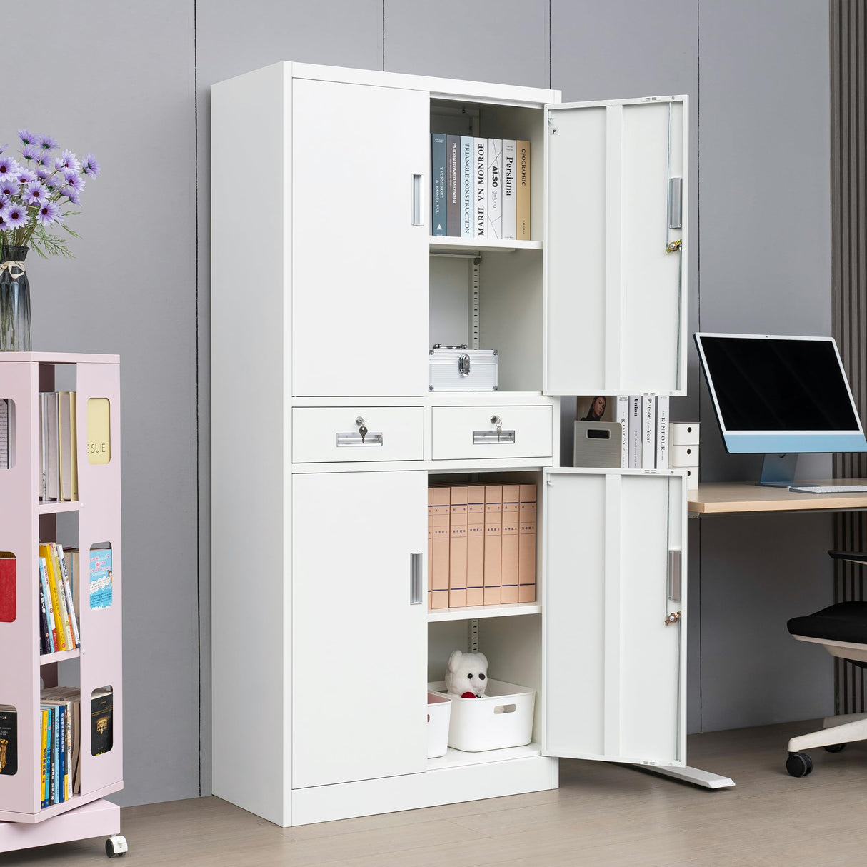 Wanfu Metal Storage Cabinet, Locking Storage Cabinet with Adjustable Shelves and 2 Drawers, 16" D x 32" W x 71" H Steel Cabinets for Office, Garage, Home, Classroom, Utility Room(White) Wanfu