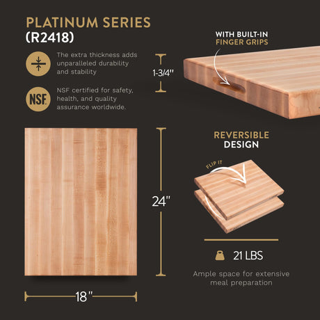 John Boos Boos Block Platinum Series Large Reversible Wood Cutting Board, 1.75-Inch Thickness, 24" x 18" x 1 3/4", Maple John Boos