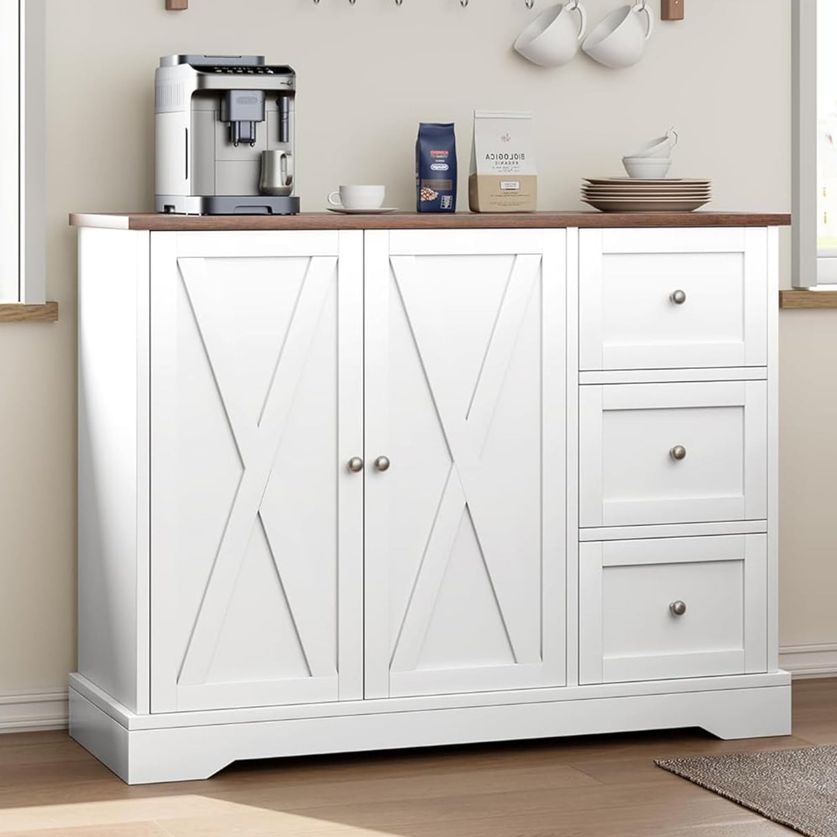 IDEALHOUSE Buffet Cabinet with Storage Drawers and Doors, Farmhouse Coffee Bar Cabinet with Adjustable Shelf for Kitchen, Living Room, White IDEALHOUSE