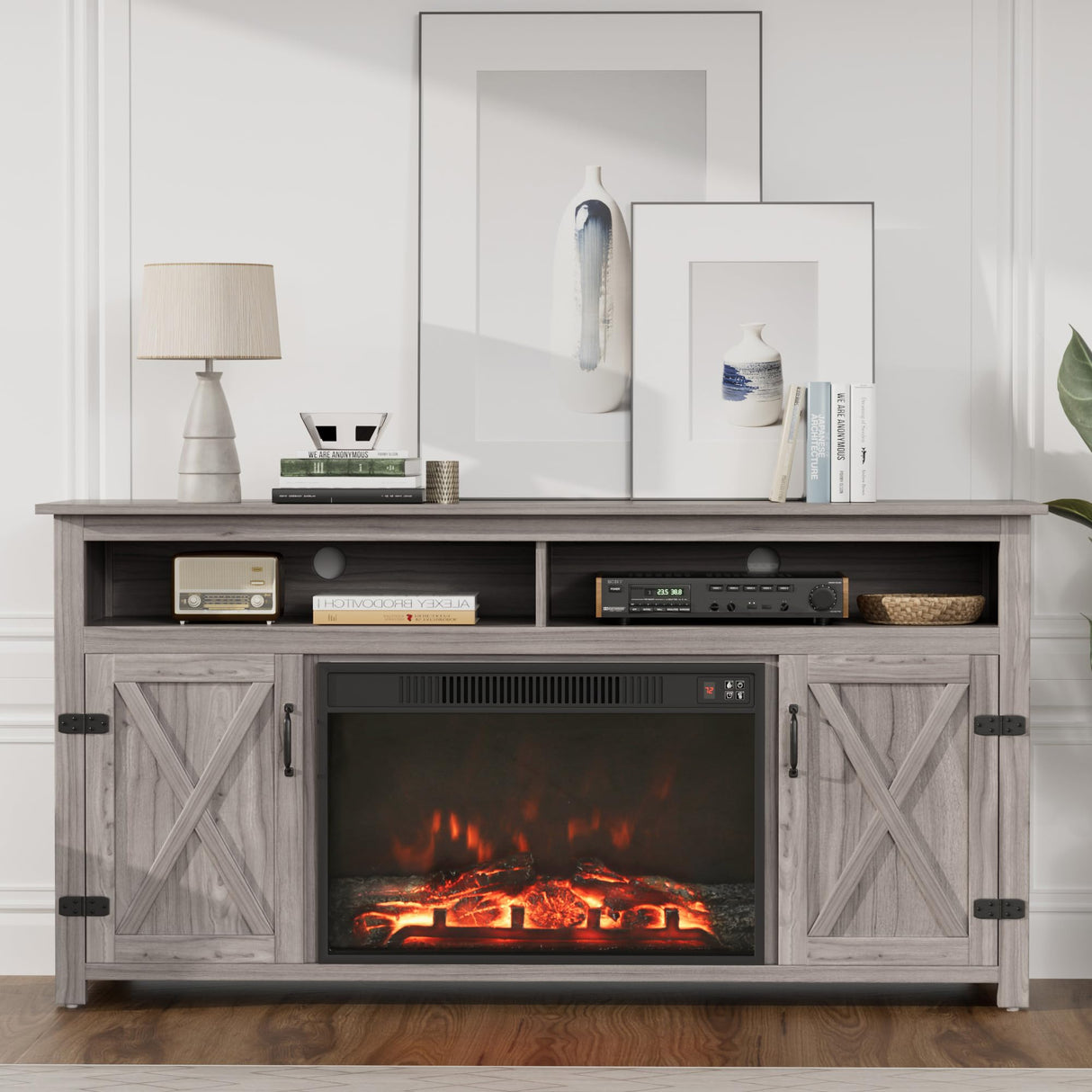 JUMMICO Fireplace TV Stand for TVs Up to 65+ Inch Entertainment Center with Open Storage Shelves and Side Cabinets, Media Console Table with Barn Doors for Living Room (Grey) JUMMICO