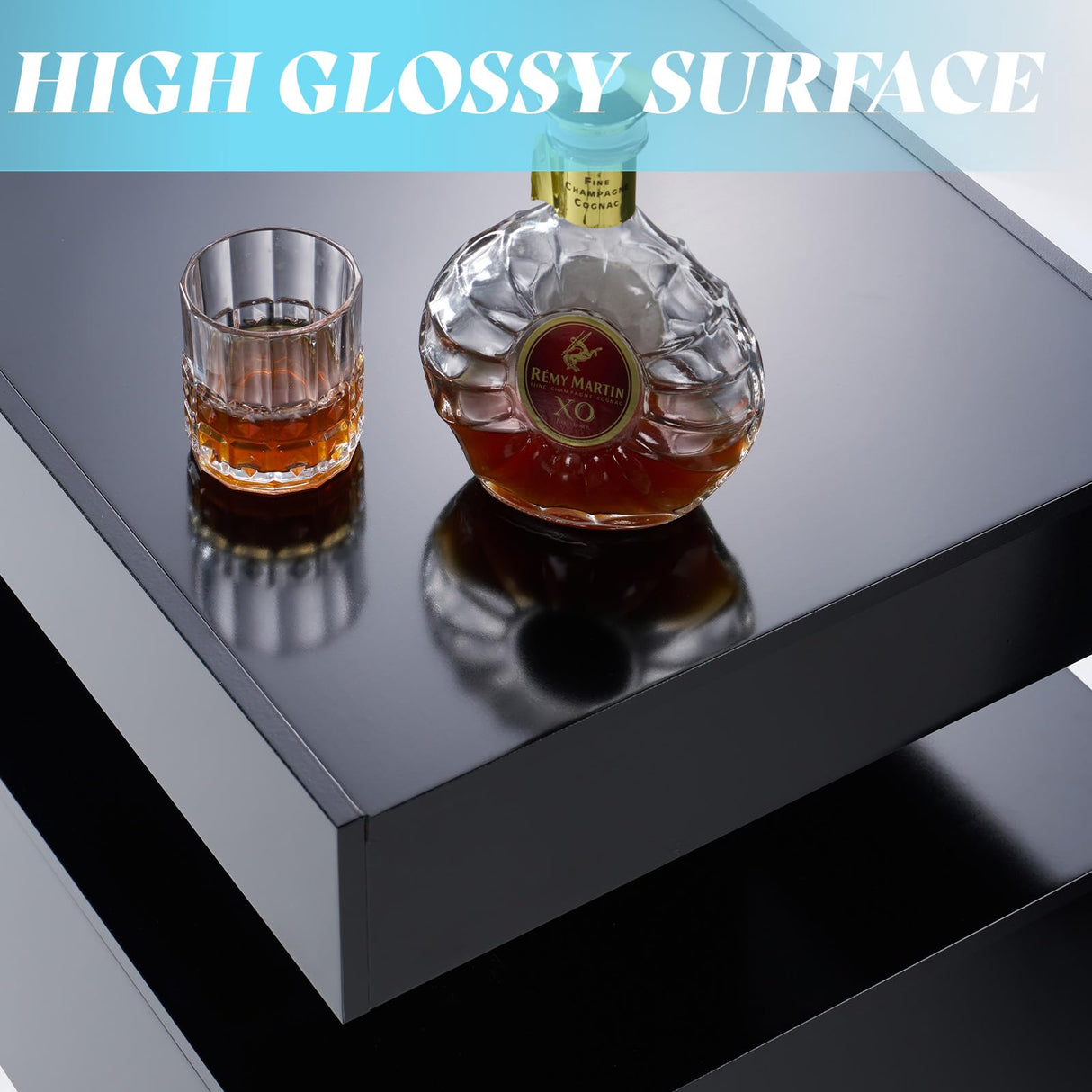 AMERLIFE High Gloss LED Coffee Table, Modern 2-Tier Center Table with LED Lights, Open Storage Space, 40in Simple Rectangular Sofa Side Table for Living Room, Black AMERLIFE