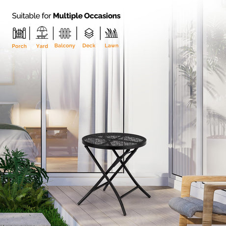 VINGLI Outdoor Folding Side Table with Chic Hollow Pattern and Durable, Rust-Resistant Black-Coated Iron Patio Bistro Table Suitable for Indoor & Outdoor Porch, Deck, Balcony and Pool VINGLI