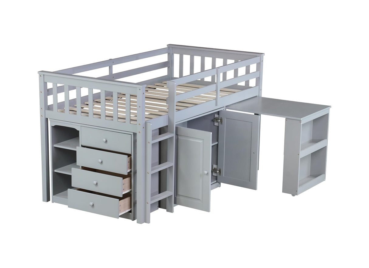 Low Loft Bed with Storage & Rolling Out Desk, Kids Twin Size Loft Beds with Cabinet & Drawers, Rubber Wood Junior Lofts Bed with Dresser/Ladder/Guardrails for Boys Girls Teens, Gray Duxelifin