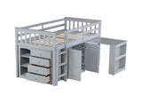Low Loft Bed with Storage & Rolling Out Desk, Kids Twin Size Loft Beds with Cabinet & Drawers, Rubber Wood Junior Lofts Bed with Dresser/Ladder/Guardrails for Boys Girls Teens, Gray Duxelifin