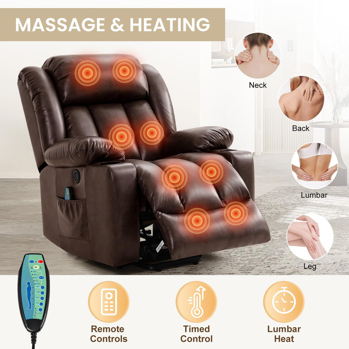 COOSLEEP Power Lift Recliner Chair for Elderly with Massage and Heat, Breathable Leather Recliner Chair for Adults, 2 Cup Holders, USB Ports, Electric Support of Metal,Remote, Xmas Gift(Borwn) COOSLEEP HOME