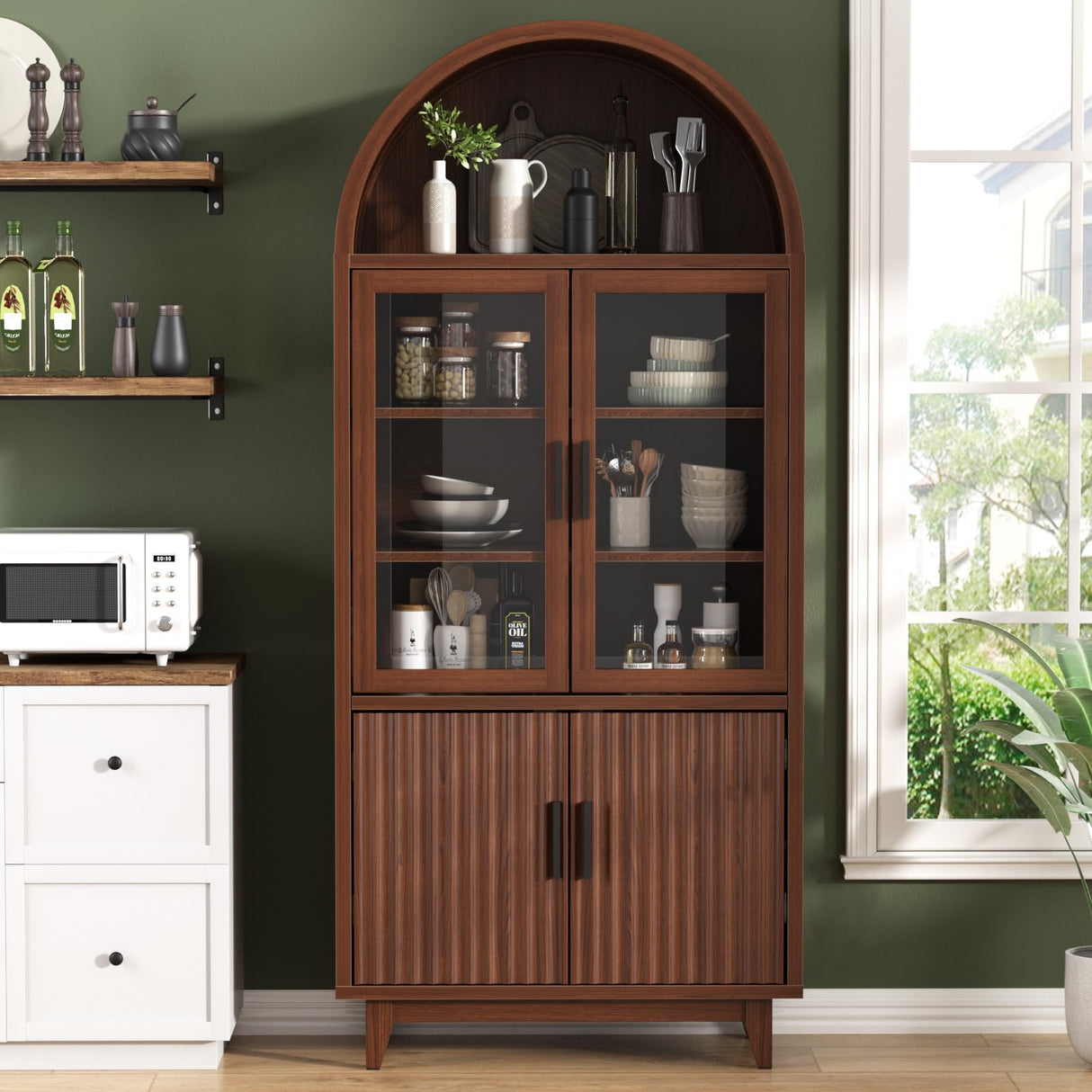 FiveWillowise 71" Tall Arched Cabinet with Glass Doors, Fluted Pantry Cabinet with Solid Wood Legs, Modern Accent Furniture for Living Room, Kitchen, Dining Room, Entryway, Walnut FiveWillowise