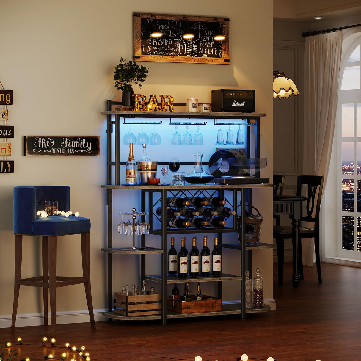 ROCHECASA Wine Rack with LED Light, Bar Table Cabinet with Glass Holder, Freestanding Coffee Bar Storage Shelves, 6-Tier Liquor Cabinet for Kitchen, Dining Room, Living Room,Grey 43.3" ROCHECASA