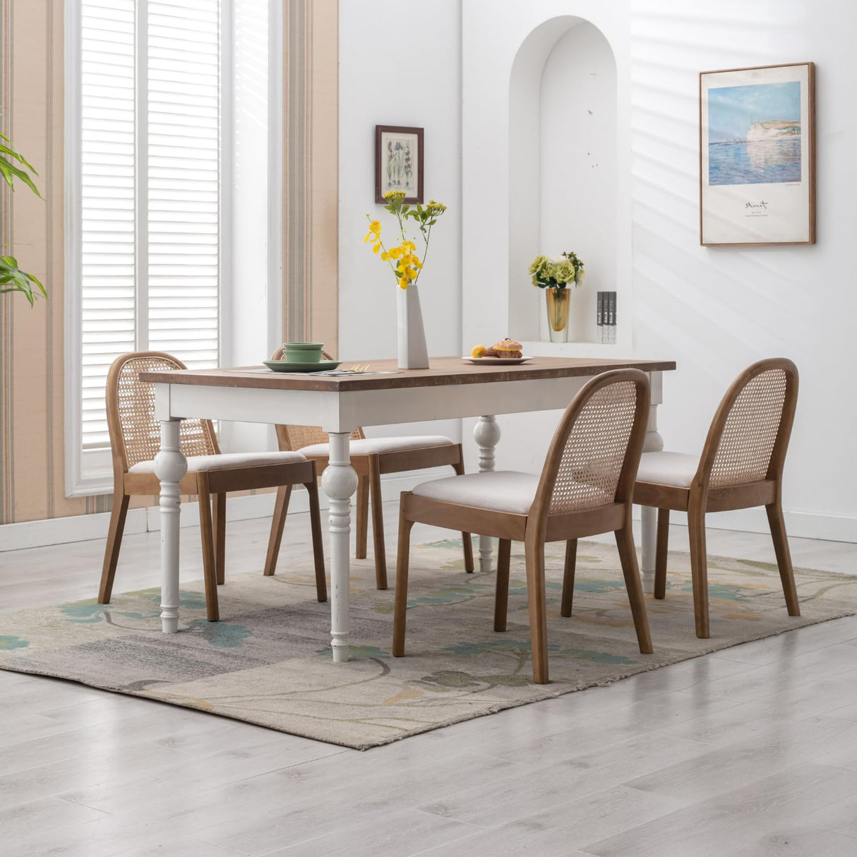 Ya-Home Mid Century Dining Chairs Set of 4, Accent Rattan Linen Fabric Side Chairs Kitchen Chair with Solid Wooden Legs for Living Room Dining Room, Beige Ya-Home