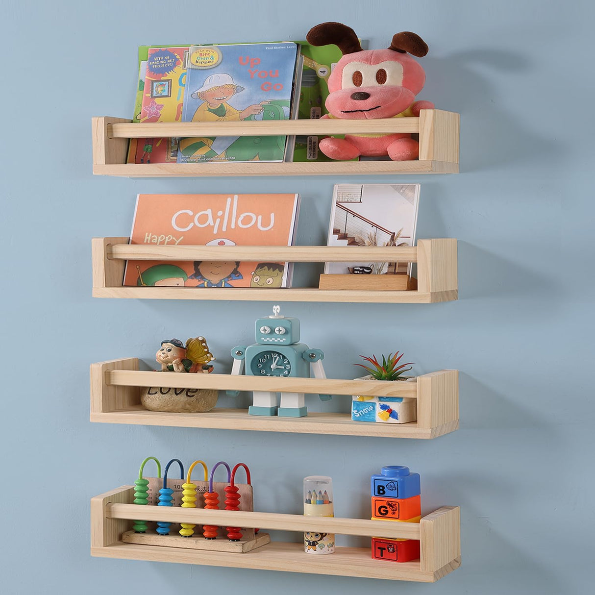 DUICIRX Nursery Room Shelves Set of 4, Wood Floating Book Shelves for Kids Room, Baby Book Shelf for Nursery, Kitchen Spice Rack (Natural Wood) DUICIRX