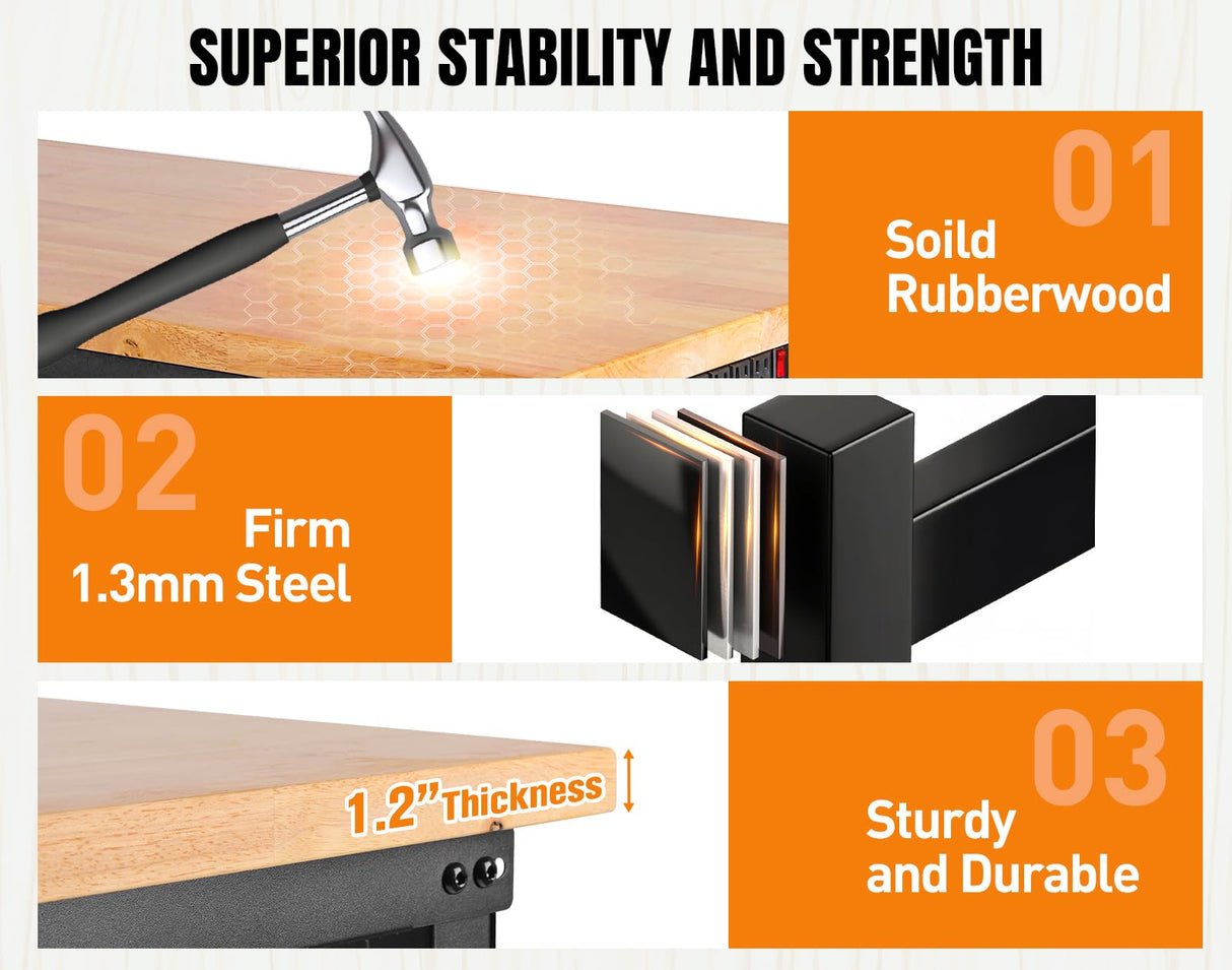 MUWOOD 96”Adjustable Work Bench, 5000 LBS Capacity Heavy Duty Workbench with Power Outlet & Pegboard, Rubber Wood Work Table for Garage, Workshop, Office, Home MUWOOD